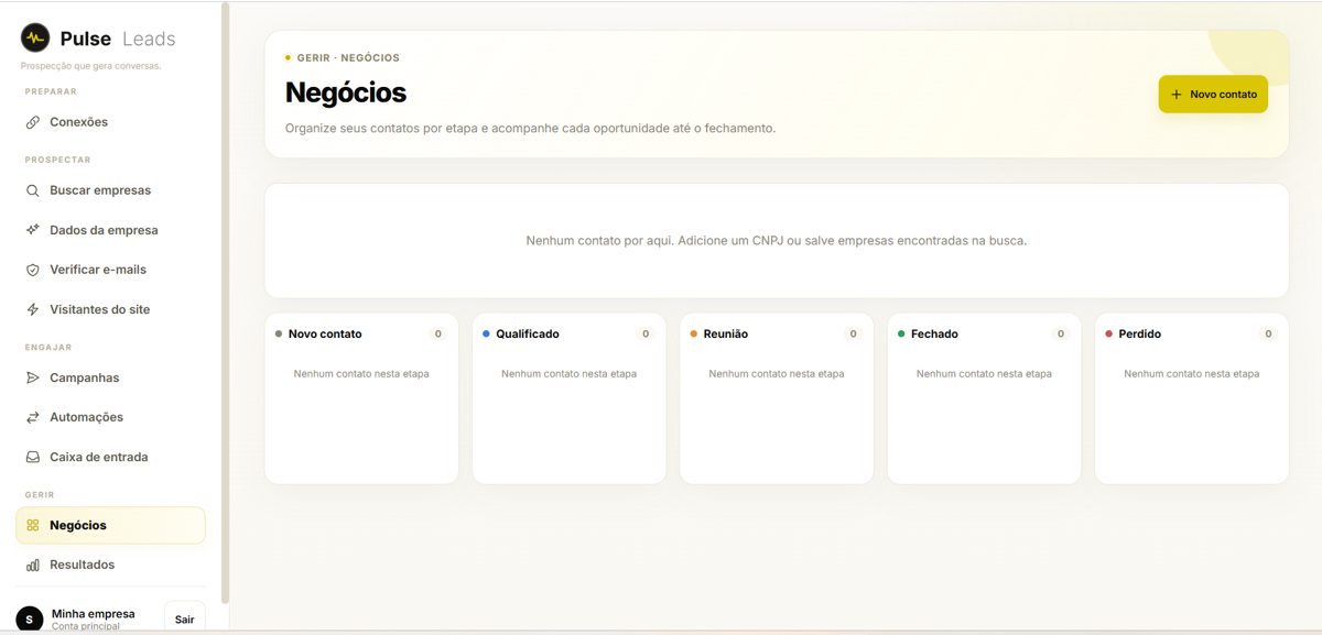 Painel do PulseLeads mostrando o pipeline de negócios